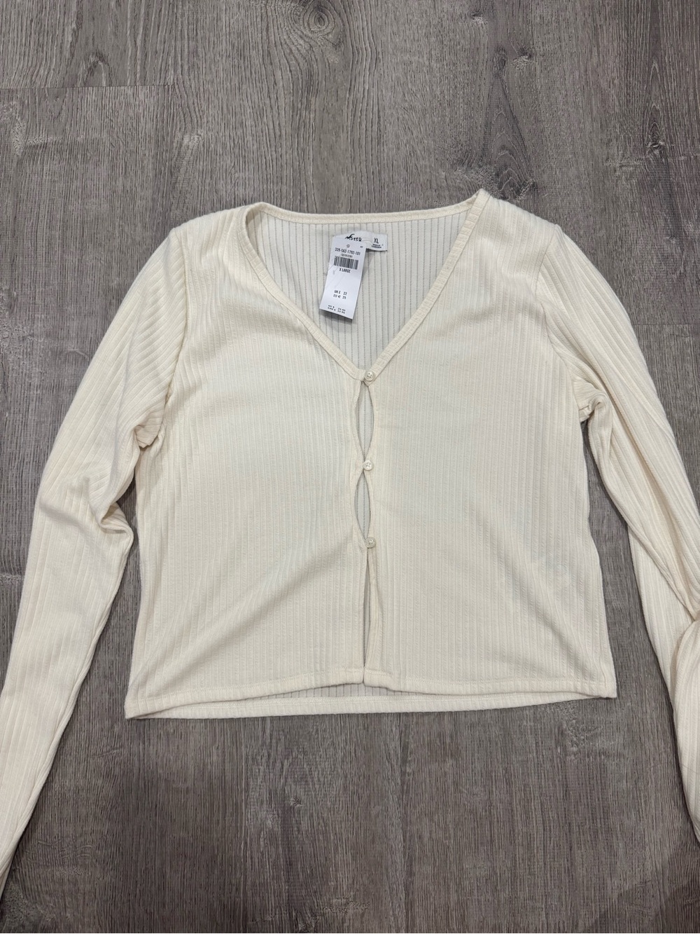 Cream Ribbed Button-Front Long Sleeve Top